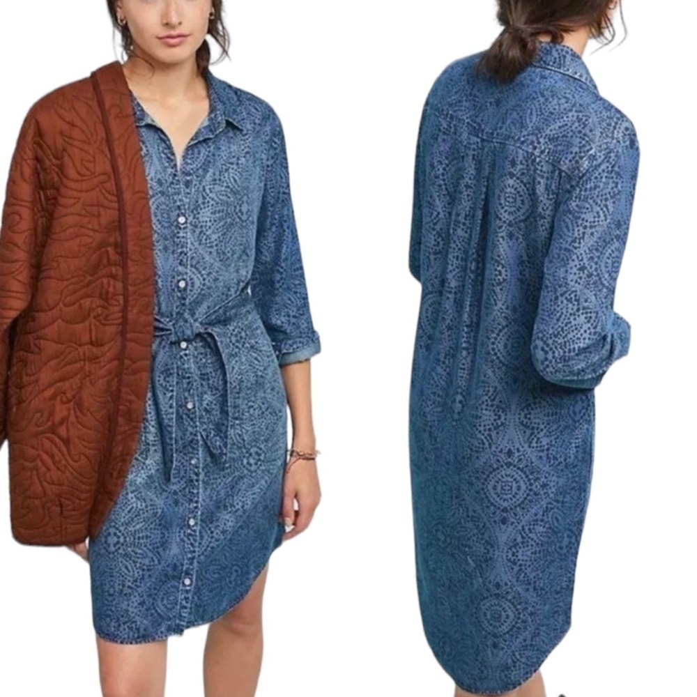 cloth & stone Blue Printed Long-Sleeve Shirt Dress with Tie